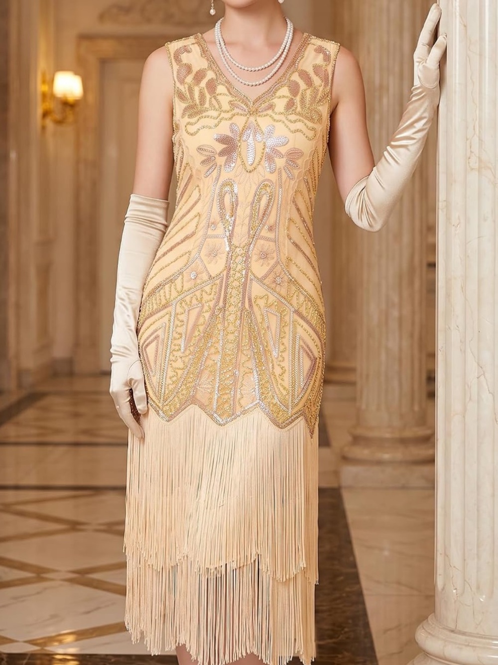 Beaded Fringe  flapper Cocktail Dress - Champagne